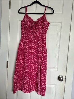 Pink Floral Midi Slip Dress with Delicate Spaghetti Straps
